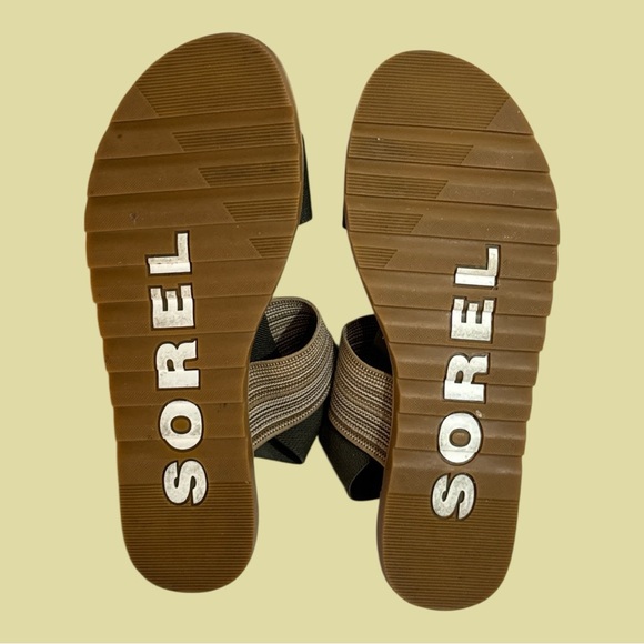 Sorel Ella Flat Sandals in Olive Beige Striped Elastic Stretch Bands Sling Sz 8 - Picture 7 of 7